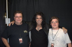 James and his son pose with Alice Cooper backstage